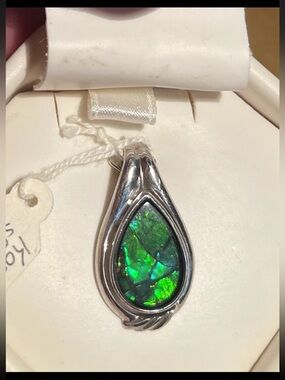 Korite ammolite faceted green gemstone pendant 925 Sterling Silver teardrop